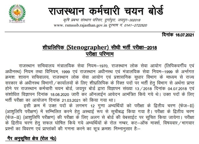 Rajasthan Stenographer Merit List