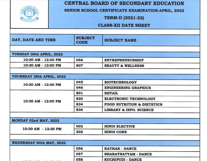CBSE Class 12th Date Sheet 2023 OutDownload term 2 Timetable