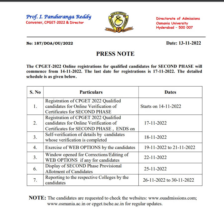 TS CPGET 2nd Allotment Result