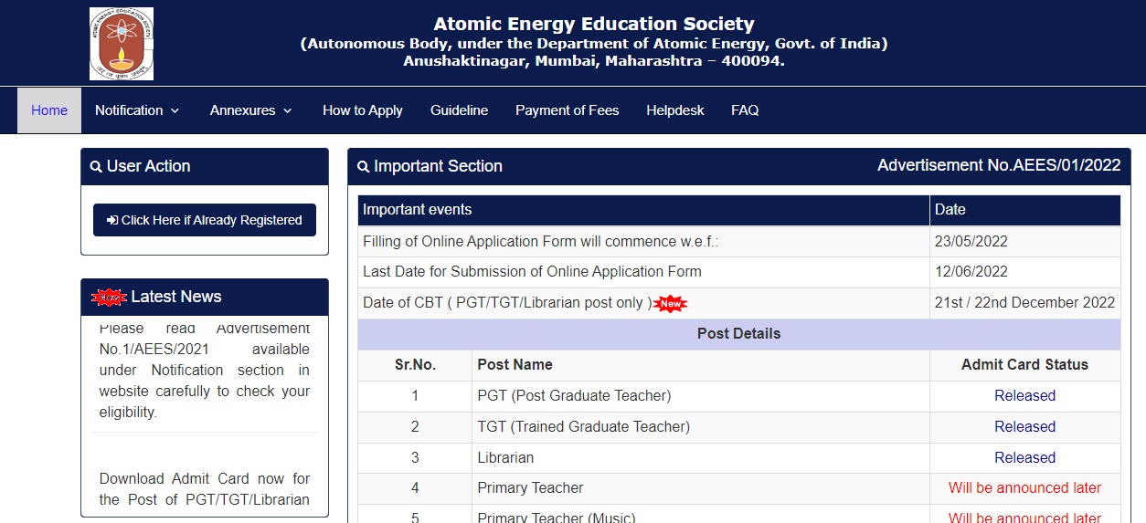 AEES Teacher Admit Card 2023 link-PGT TGT Librarian exam date