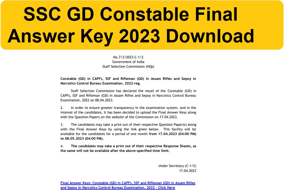 SSC GD Constable final Answer Key 2023
