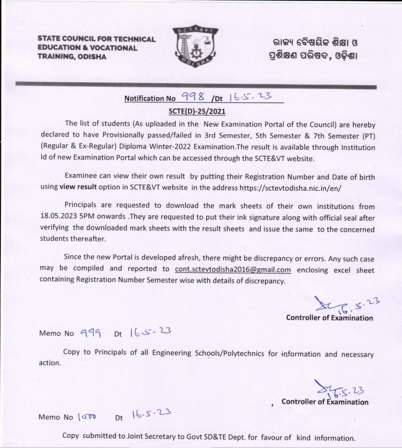 SCTEVT Odisha Diploma Winter Result 2023