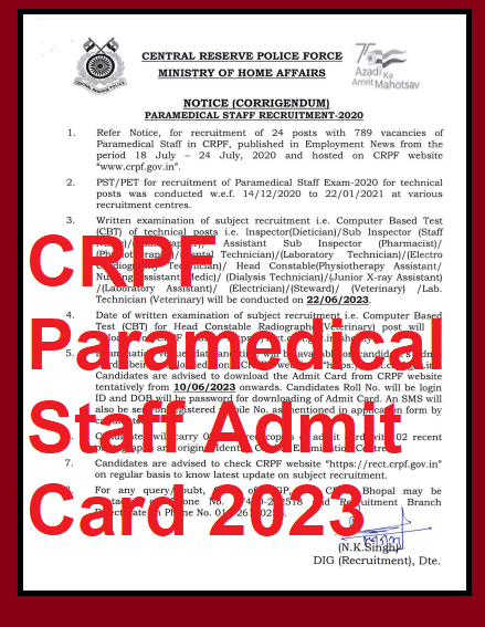 CRPF Paramedical Admit Card