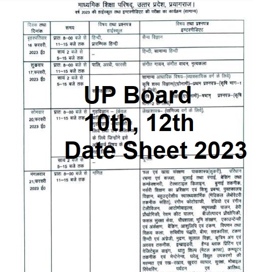 UP Board Class 10th 12th Date Sheet 2023