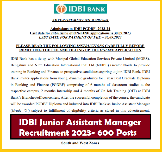 IDBI Junior Assistant Manager Recruitment