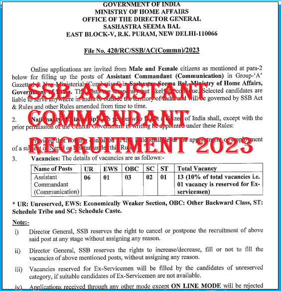SSB Assistant Commandant Recruitment