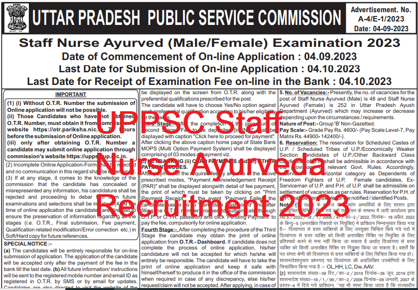 UPPSC Staff Nurse Ayurveda Recruitment