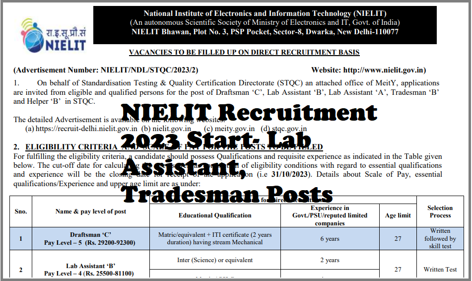 NIELIT Recruitment 2023 Start- Lab Assistant, Tradesman Posts