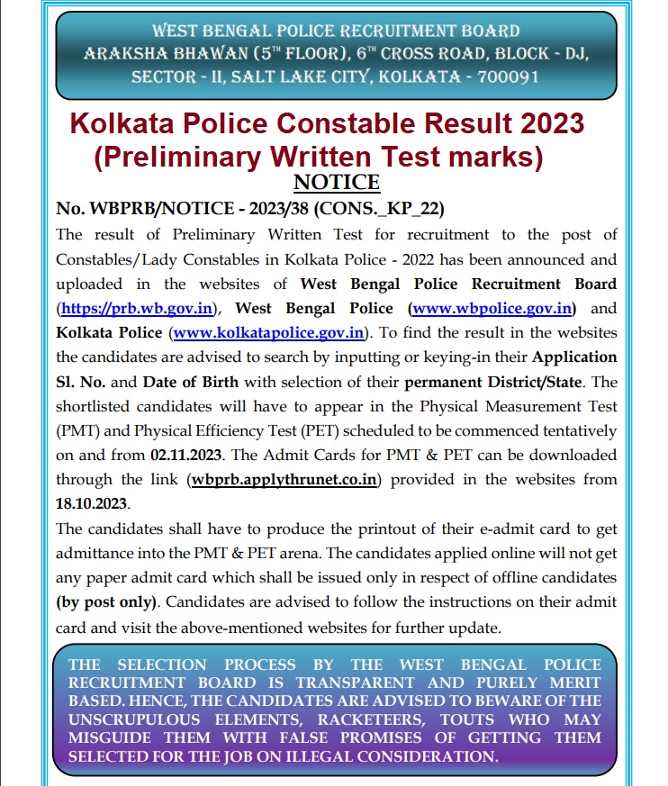 Kolkata Police Constable Result 2023