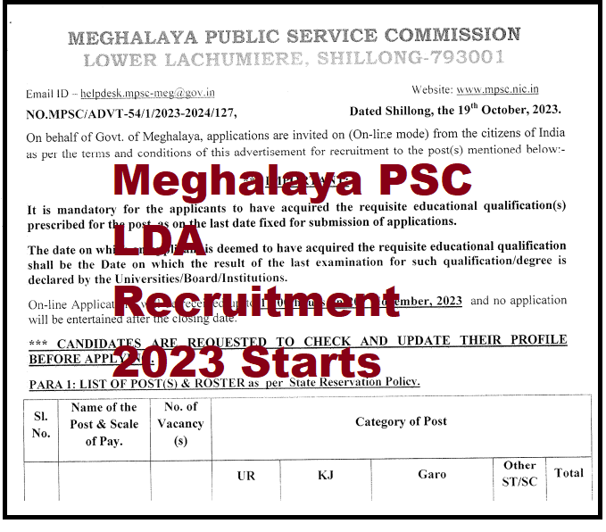 Meghalaya PSC LDA Recruitment